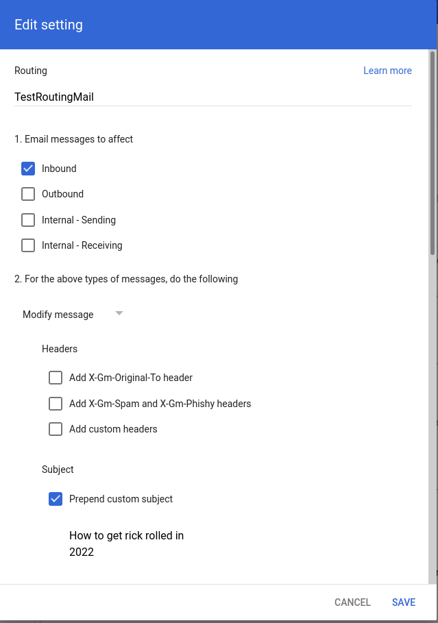 Workspace email routing rule part 1